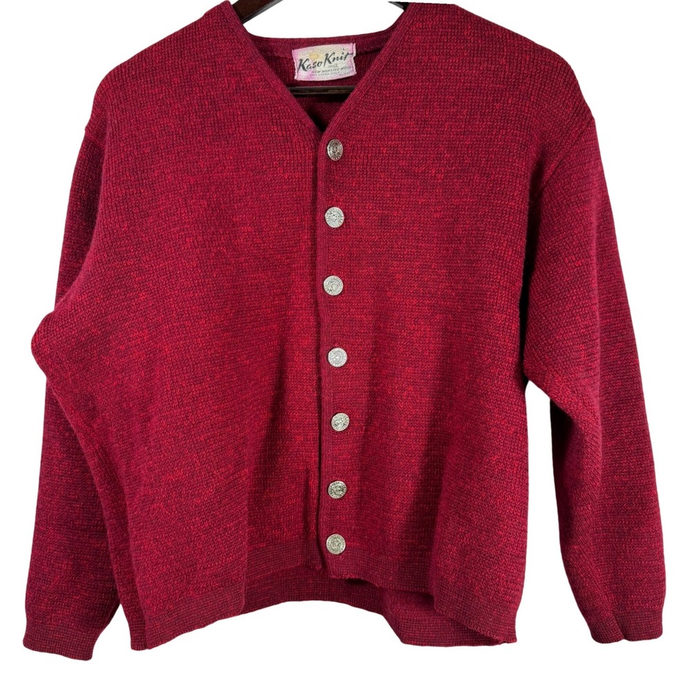 Vtg Kaso Knit 100% Worsted Wool Cardigan Burgundy Made in‎ USA Metal Buttons L